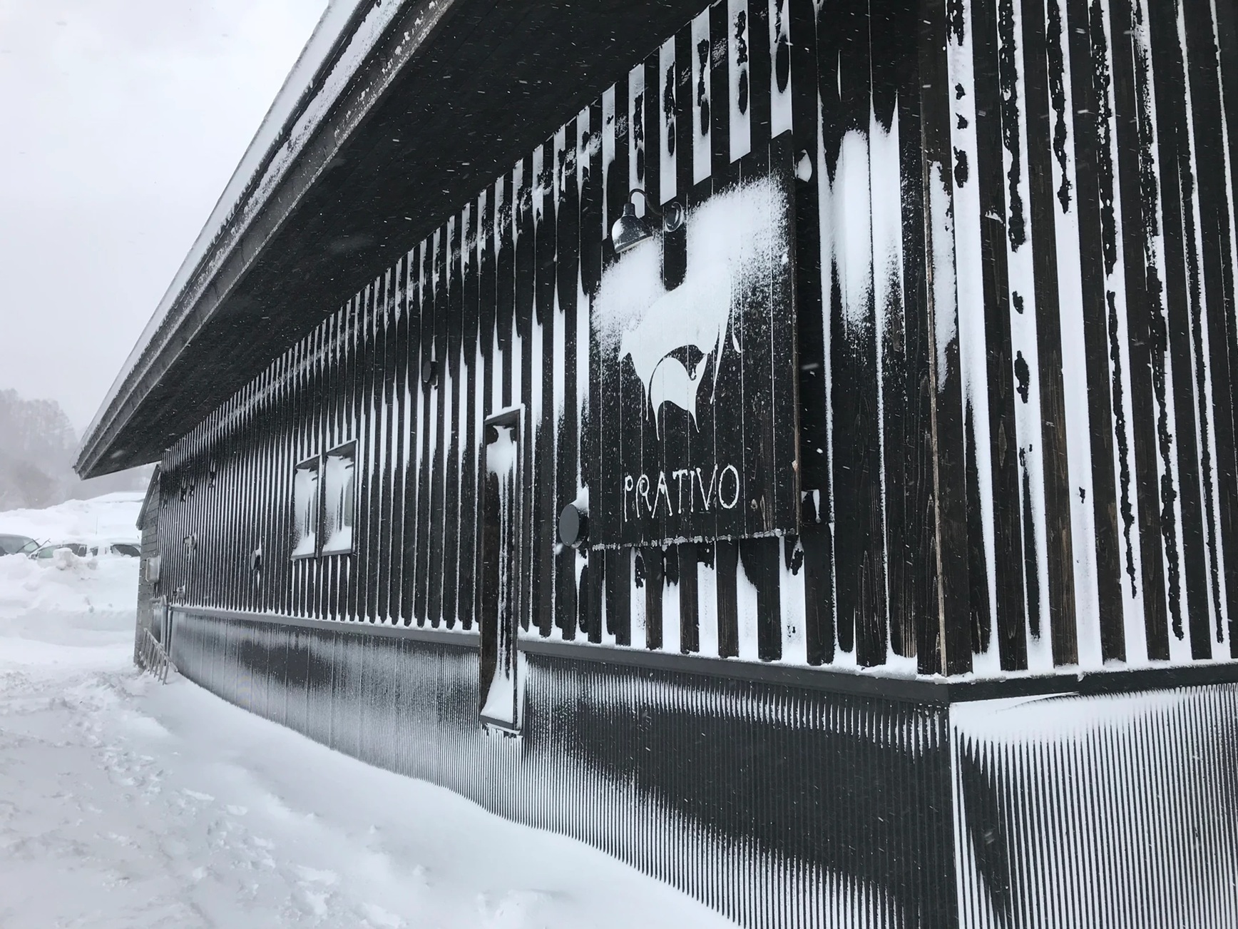 Hokkaido Takahashi Dairy PRATIVO restaurant exterior, winter snow