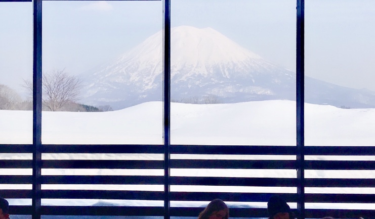 Hokkaido Takahashi Dairy indoor view of Mt. Yotei snowy landscape